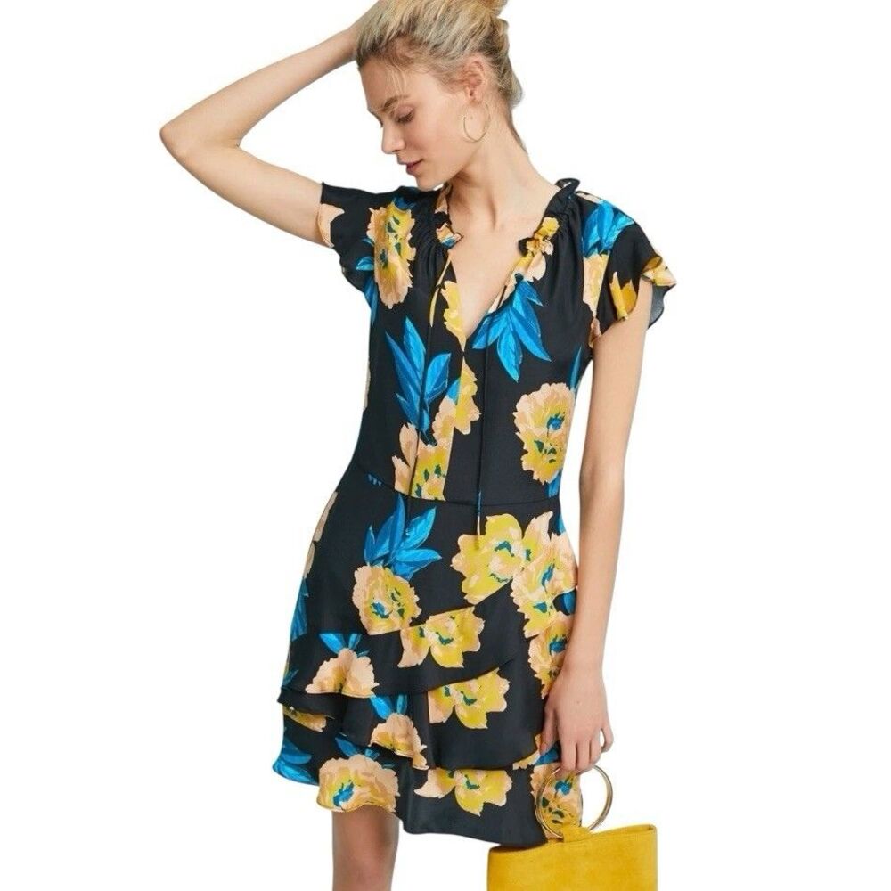 Dolan Anthropologie Sz MEDIUM Silk Black Ladew Ruffled Floral Short Casual Dress